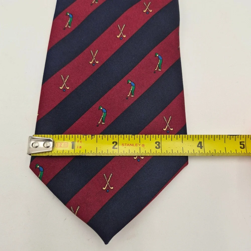 Rene Chagal Mens Silk Tie Navy Blue Burgundy Striped Golf Theme Handmade